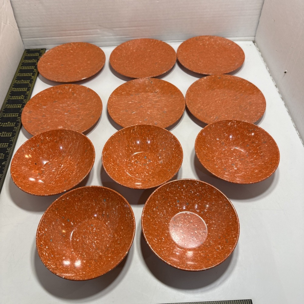 Melmac M-404 6" Plate And M-411-8 5" Bowl Orange Speckle 6 Plates And 5 Bowls - Picture 2 of 6